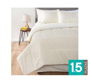 Plumón bicolor 1.5 plazas beige/blanco + Juego de sábanas beige + Faldón beige