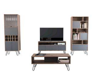 Rack + biblioteca + bar alto + mesa de centro Vassel miel/plomo TuHome