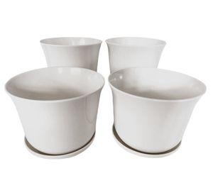 Set 4 maceteros con plato Biodegradable Bamboo curvo blanco