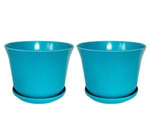Set 2 maceteros con plato Biodegradable Bamboo curvo turquesa 13x16.5x16.5 cm
