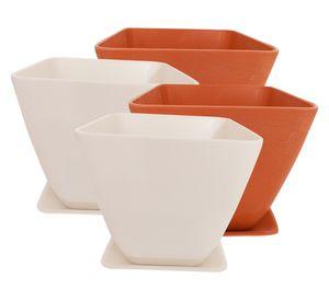 Set 4 maceteros con plato Biodegradable Bamboo cuadrado blanco/naranjo