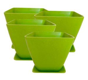 Set 4 maceteros con plato Biodegradable Bamboo cuadrado verde/coral