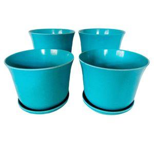 Set 4 maceteros con plato Biodegradable Bamboo curvo turquesa
