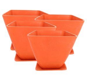 Set 4 maceteros con plato Biodegradable Bamboo cuadrado naranjo
