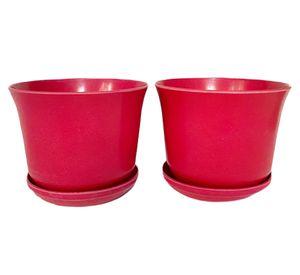 Set 2 maceteros con plato Biodegradable Bamboo curvo rojo 13x16.5x16.5 cm