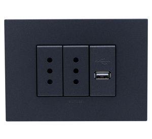 Placa armada toma corriente doble 10A + USB 1A S44 carbón