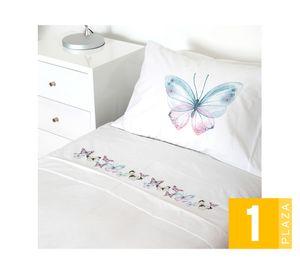 Juego de sábanas 1 plaza 200 hilos Mariposas rosadas blanco