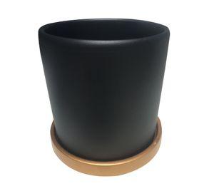 Macetero cilindro grafito con plato dorado M 15x15 cm
