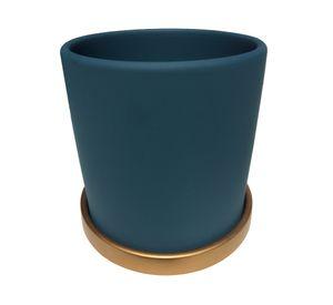 Macetero cilindro verde musgo con plato dorado S 13x13 cm