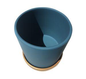 Macetero cilindro verde musgo con plato dorado S 13x13 cm