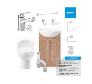 Pack baño Marie 60 rústico + cubierta + WC + grifería + accesorios + kit desagüe sifón