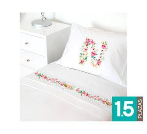 Juego sábanas 1.5 plazas 200 hilos Letras vintage N blanco