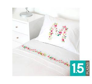 Juego sábanas 1.5 plazas 200 hilos Letras vintage M blanco