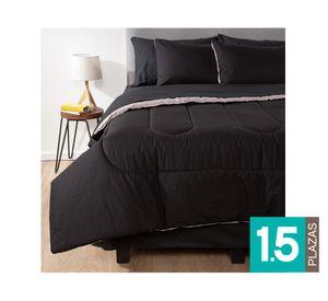 Plumón bicolor 1.5 plazas negro/gris + Juego de sábanas negro + Cubre colchón blanco + Faldón negro