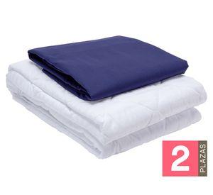 Juego de sábanas 2 plazas azul + Cubre colchón blanco