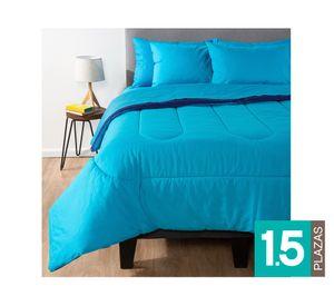 Plumón bicolor 1.5 plazas  celeste/azul + Juego de sábanas celeste