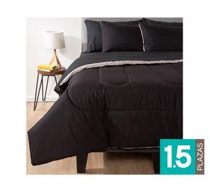 Plumón bicolor 1.5 plazas negro/gris + Juego de sábanas negro + Cubre colchón blanco