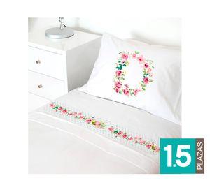 Juego sábanas 1.5 plazas 200 hilos Letras vintage D blanco