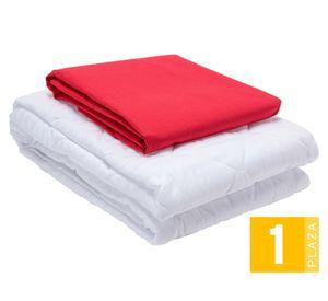 Juego de sábanas 1 plaza rojo + Cubre colchón blanco