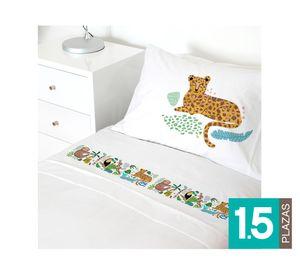 Juego sábanas 1.5 plazas 200 hilos Jungla blanco