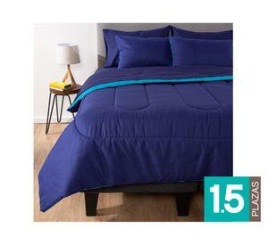 Plumón bicolor 1.5 plazas azul/celeste + Juego de sábanas azul + Cubre colchón blanco