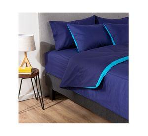 Plumón bicolor 1.5 plazas azul/celeste + Juego de sábanas azul + Cubre colchón blanco