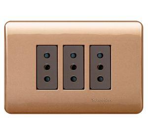 Placa armada tomacorriente triple 10A 2P+T Génesis dorado Schneider
