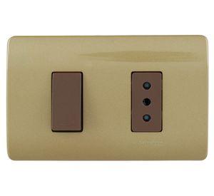 Placa armada interruptor 9/12 + tomacorriente 10A Génesis dorado Schneider