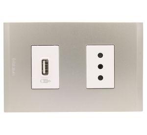 Placa armada tomacorriente 10A 2P+T + USB 10A Nóbile perla Bticino