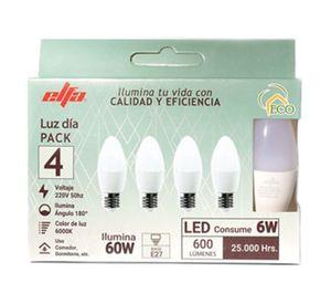 Pack 4 ampolletas Led Vela E27 Día 6 W