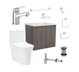 Mueble vanitorio Amelie 60 cm ulmo cromo + WC + grifería + desagüe/sifón + accesorios