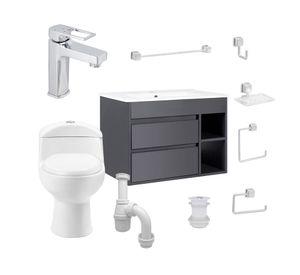 Mueble vanitorio Paris 70 cm dark grey + WC + grifería + desagüe/sifón + accesorios