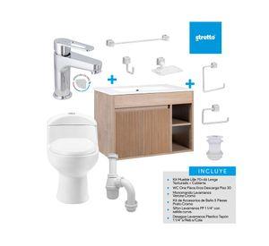 Mueble vanitorio Lille 70 cm texturado lenga + WC + grifería + desagüe/sifón + accesorios