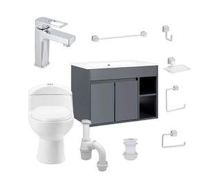 Mueble vanitorio Lille 70 cm dark grey + WC + grifería + desagüe/sifón + accesorios