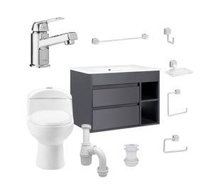 Mueble vanitorio Paris 60 cm Grey + WC + grifería + desagüe/sifón + accesorios