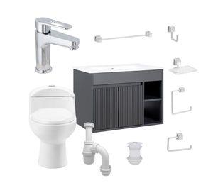 Mueble vanitorio Lille 60 cm dark grey texturado + WC + grifería + desagüe/sifón + accesorios