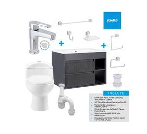 Mueble vanitorio Paris 70 cm texturado dark grey + WC + grifería + desagüe/sifón + accesorios