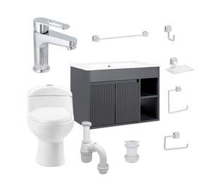 Mueble vanitorio Lille 70 cm texturado dark grey + WC + grifería + desagüe/sifón + accesorios