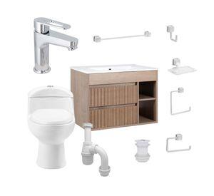 Mueble vanitorio Paris 70 cm texturado lenga + WC + grifería + desagüe/sifón + accesorios