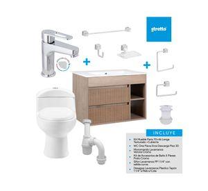 Mueble vanitorio Paris 70 cm texturado lenga + WC + grifería + desagüe/sifón + accesorios