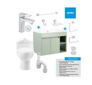 Mueble vanitorio Lille 70 cm sage green + WC + grifería + desagüe/sifón + accesorios