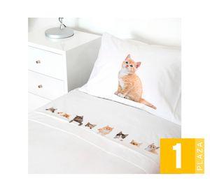 Juego de sábanas 1 plaza 200H Cat Lovers blanco