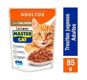 Alimento húmedo gato 85 gr Trocitos jugosos en salsa salmón Master Cat