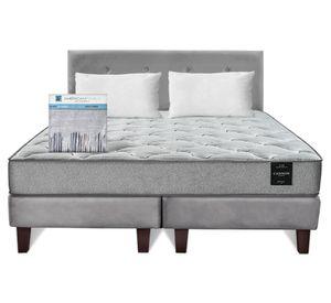 Cama europea Still 2 plazas base dividida + almohadas + sábanas + respaldo gris