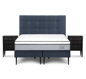 Cama europea 2 plazas base dividida Indie + set muebles Issey azul
