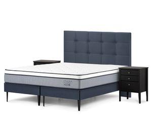 Cama europea 2 plazas base dividida Indie + set muebles Issey azul