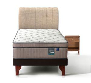 Cama europea Máximo Cobre 1.5 plazas + respaldo Tubular beige + velador Atenas