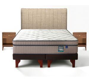 Cama europea Máximo Cobre 2 plazas base dividida + respaldo Tubular beige + velador Atenas
