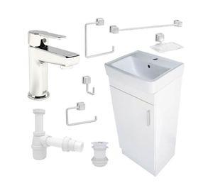 Pack baño mueble&nbsp;Claire&nbsp;blanco + grifería + accesorios + sifón + desagüe