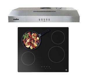 Kit encimera vitrocerámica 4 quemadores + campana GE negro/inox